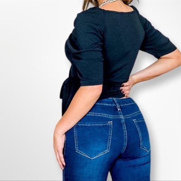 Ever After Black Wrap Tie Front Top 3/4 Sleeves - Picture 2 of 5